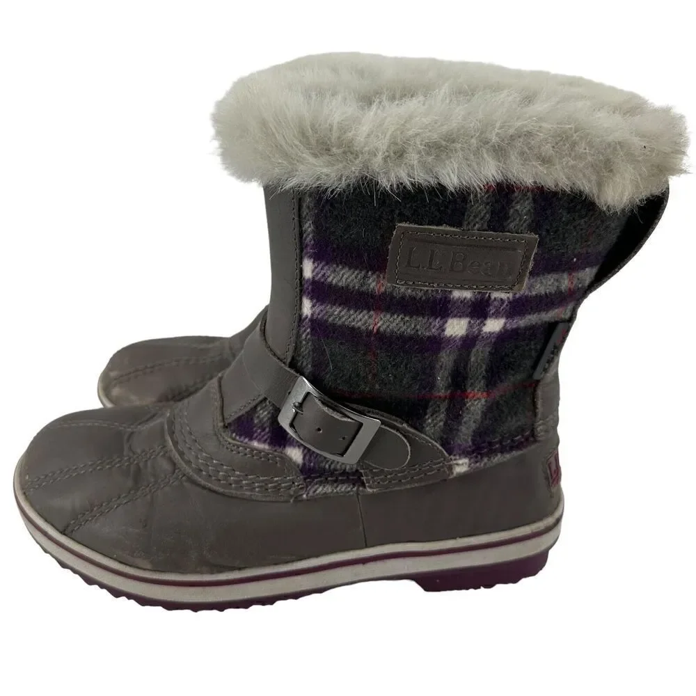 LL Bean Winter Boots Size 7 Purple Gray Plaid Primaloft 200 Gram Waterproof